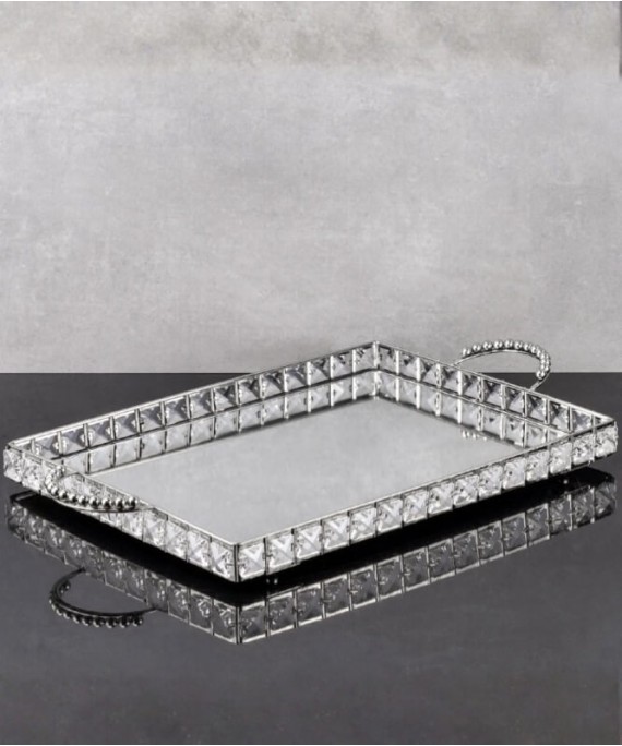 ZEYVE SQUARE STONE DESIGNED RECTANGULAR TRAY, LARGE, 51x31x6cm.